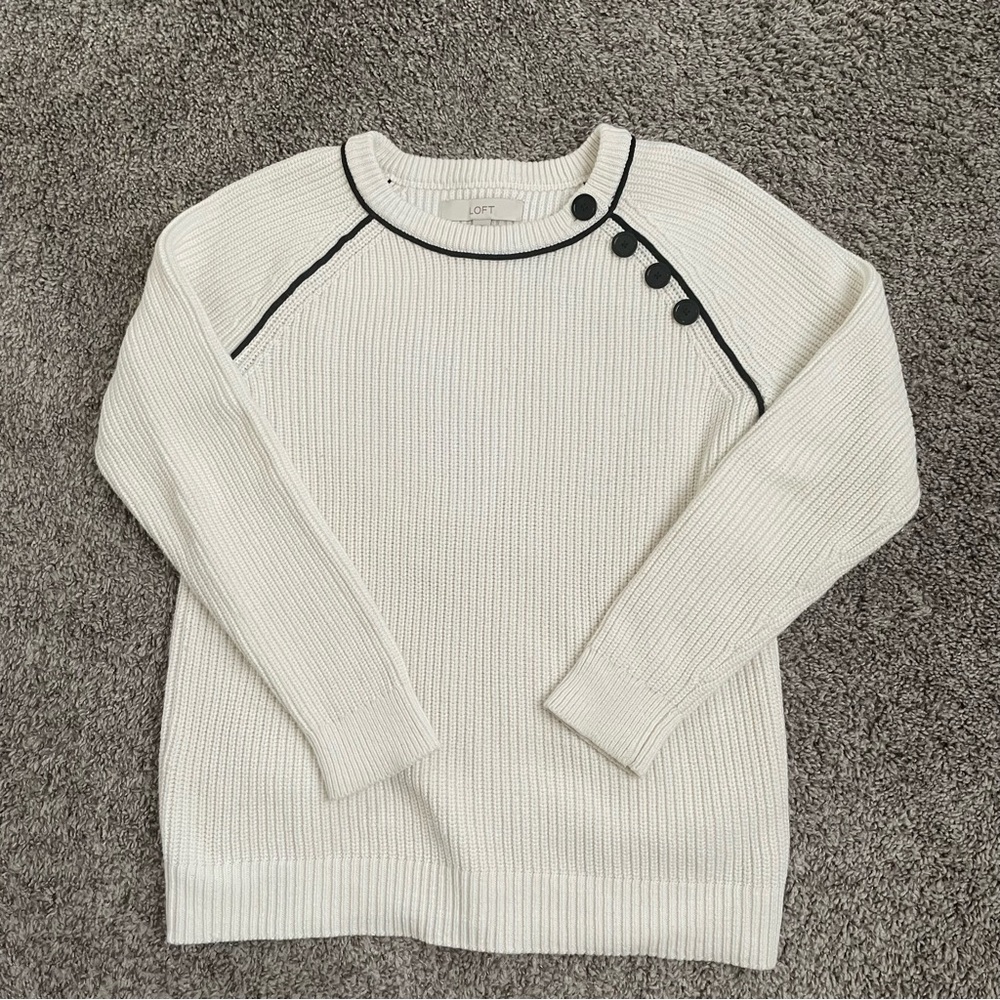 LOFT Cream Sweater with Black Button Detail
